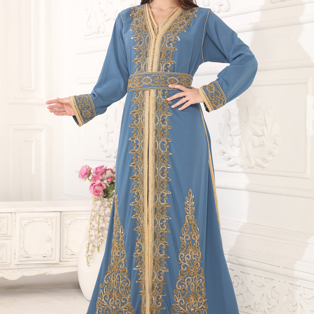 
                  
                    Crystal Embroidery Moroccan Caftan Takchita in a 3 Piece set with Belt
                  
                