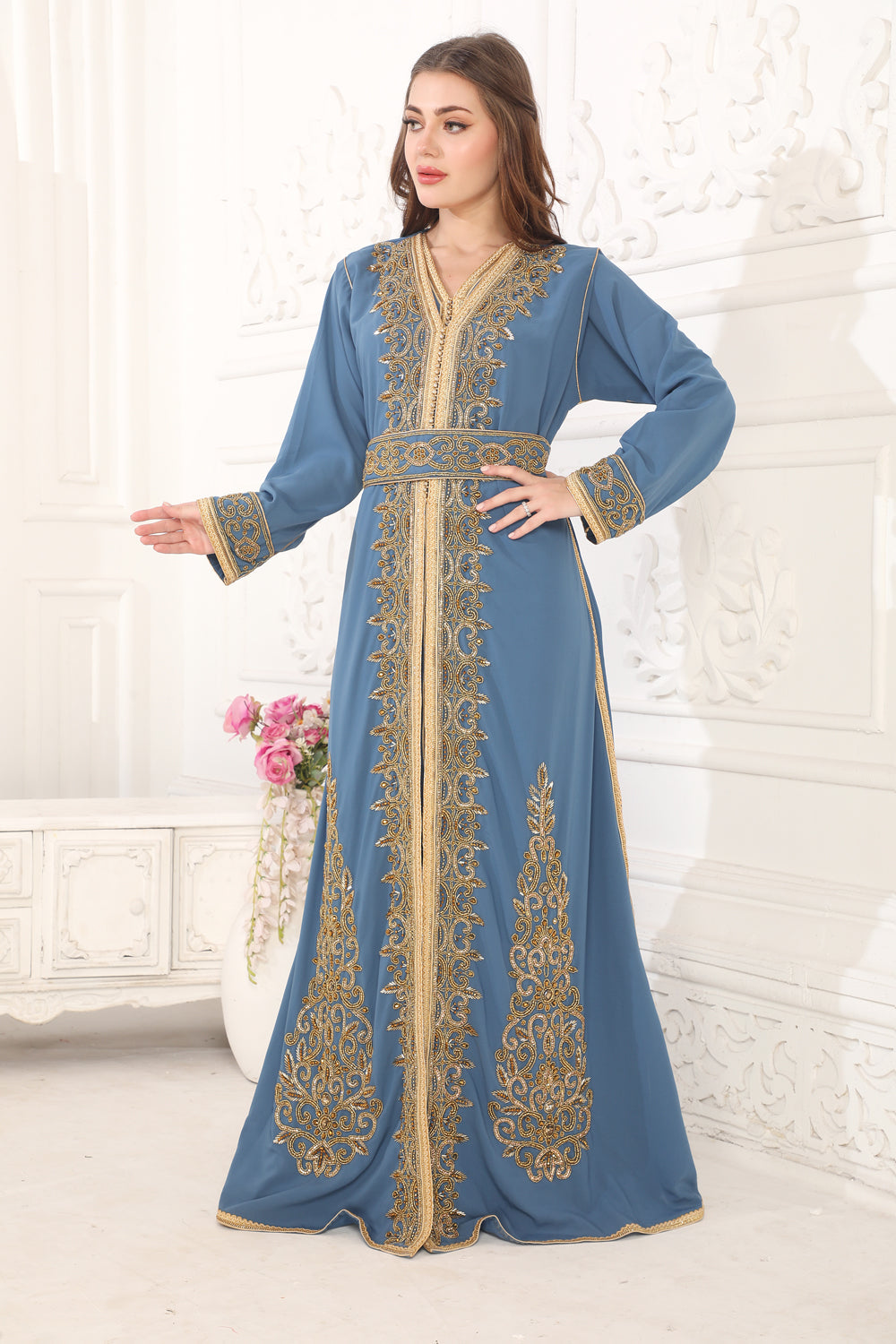 Crystal Embroidery Moroccan Caftan Takchita in a 3 Piece set with Belt