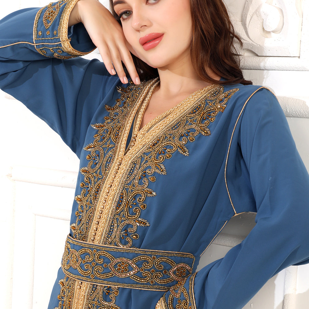 
                  
                    Crystal Embroidery Moroccan Caftan Takchita in a 3 Piece set with Belt
                  
                