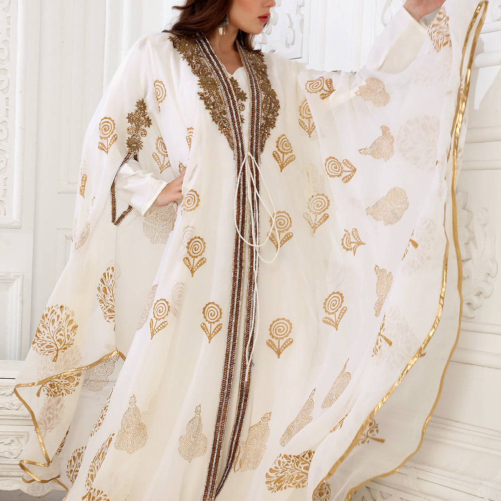 
                  
                    Designer Kaftan Flowy Arabic Dress with Hand Embroidery and Block print
                  
                