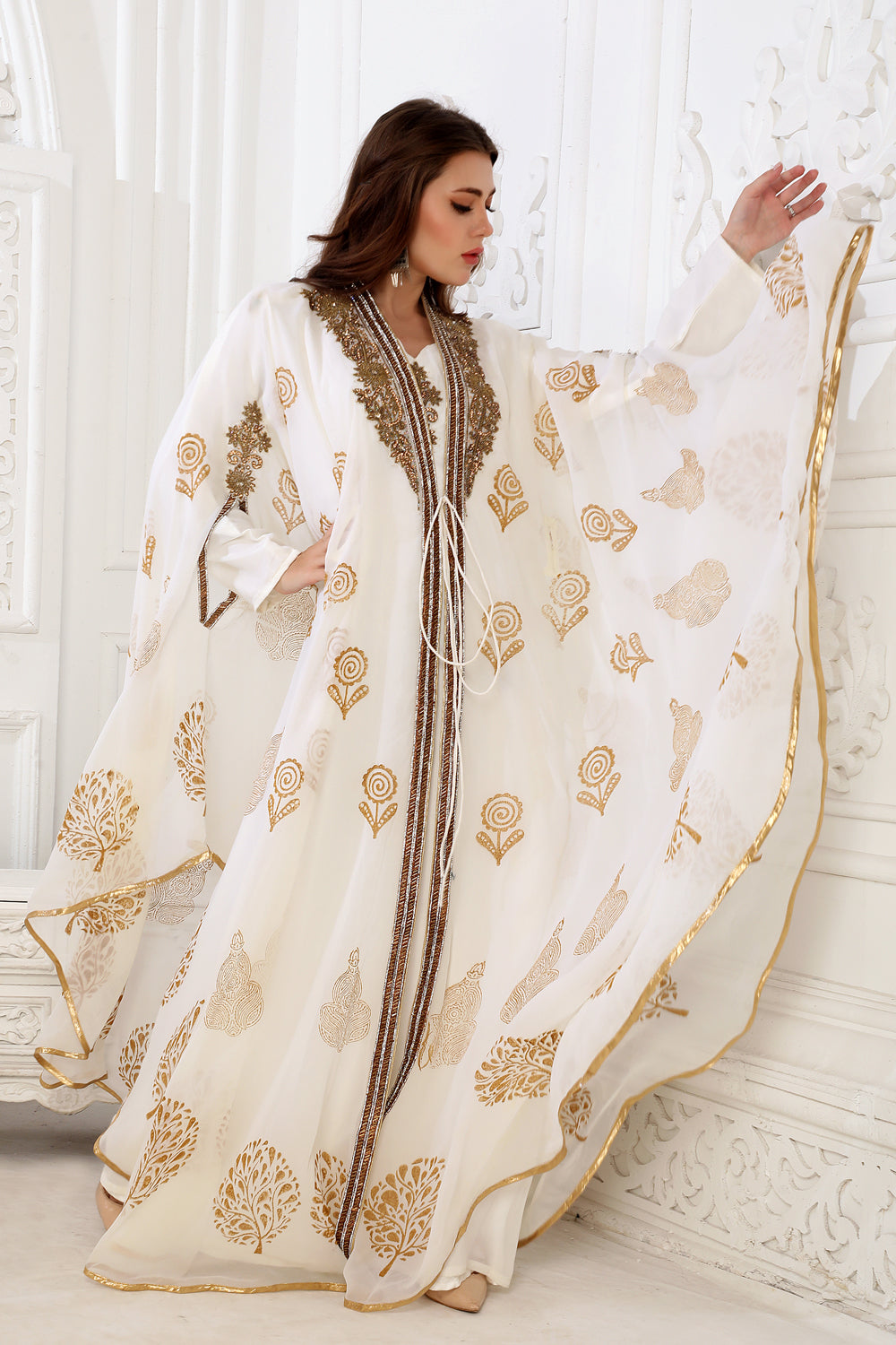 Designer Kaftan Flowy Arabic Dress with Hand Embroidery and Block print