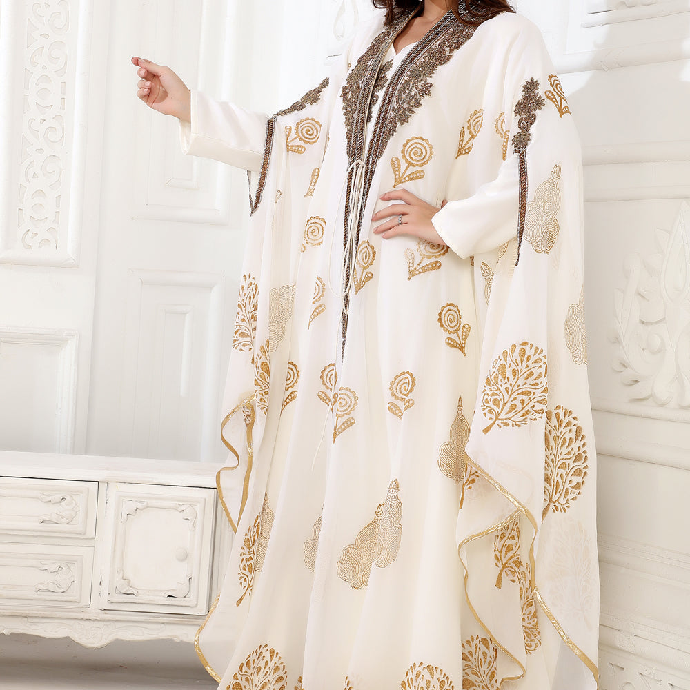 
                  
                    Designer Kaftan Flowy Arabic Dress with Hand Embroidery and Block print
                  
                