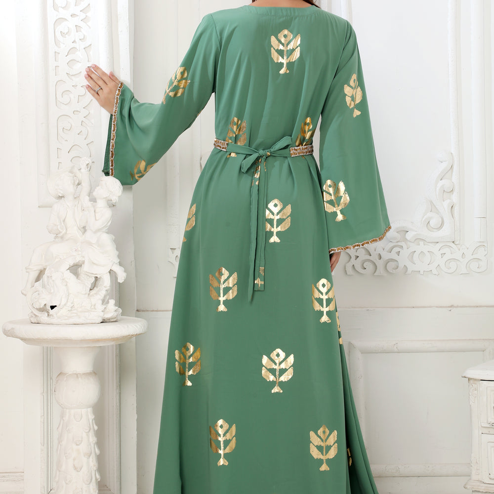 Moss Green Block Print Long Gown Kaftan