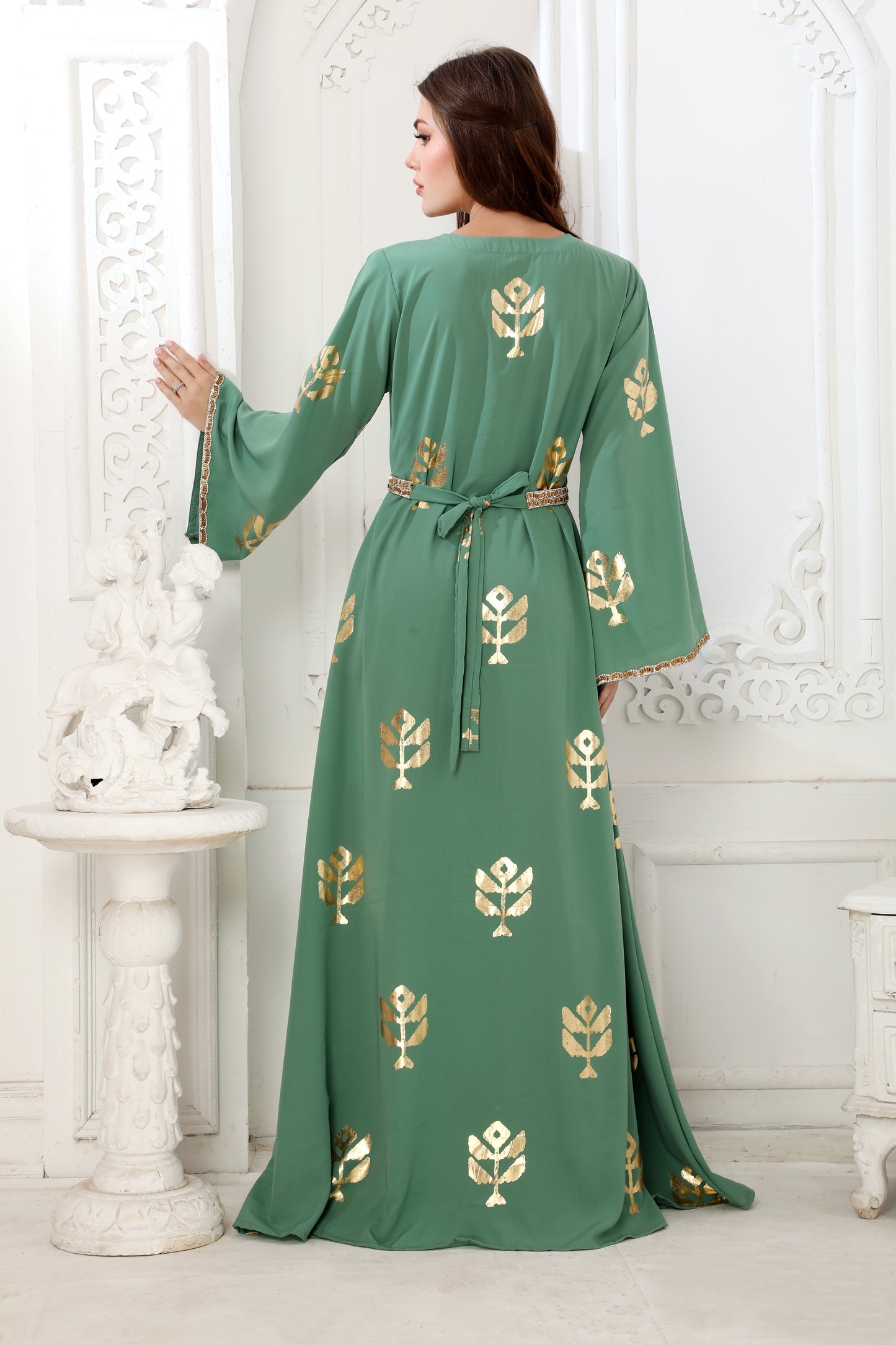 Moss Green Block Print Long Gown Kaftan