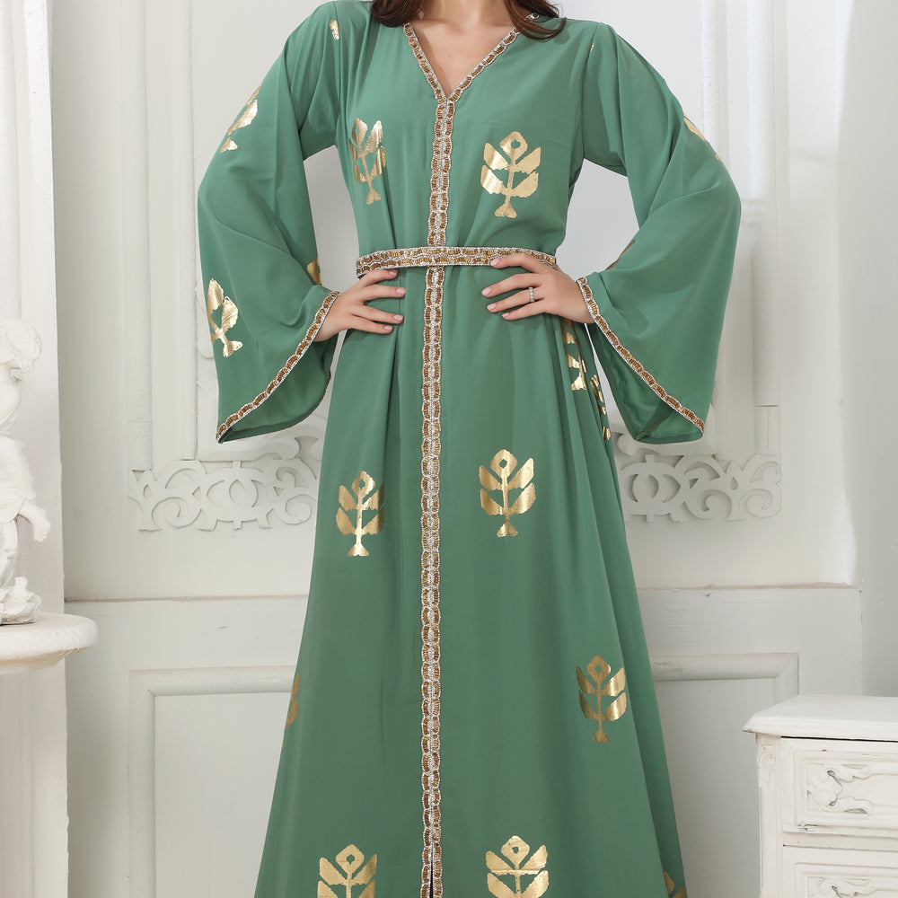 Moss Green Block Print Long Gown Kaftan