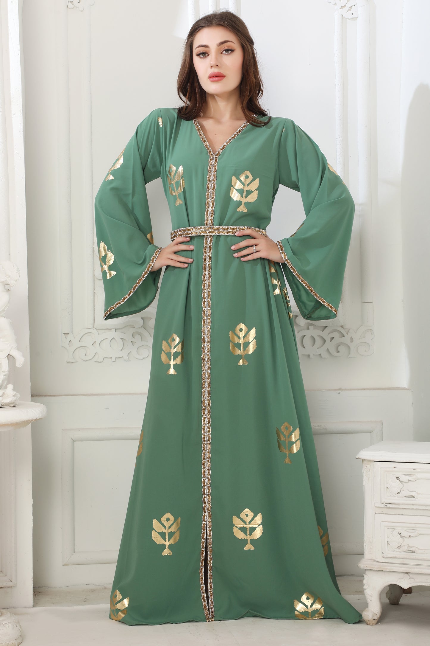 Moss Green Block Print Long Gown Kaftan