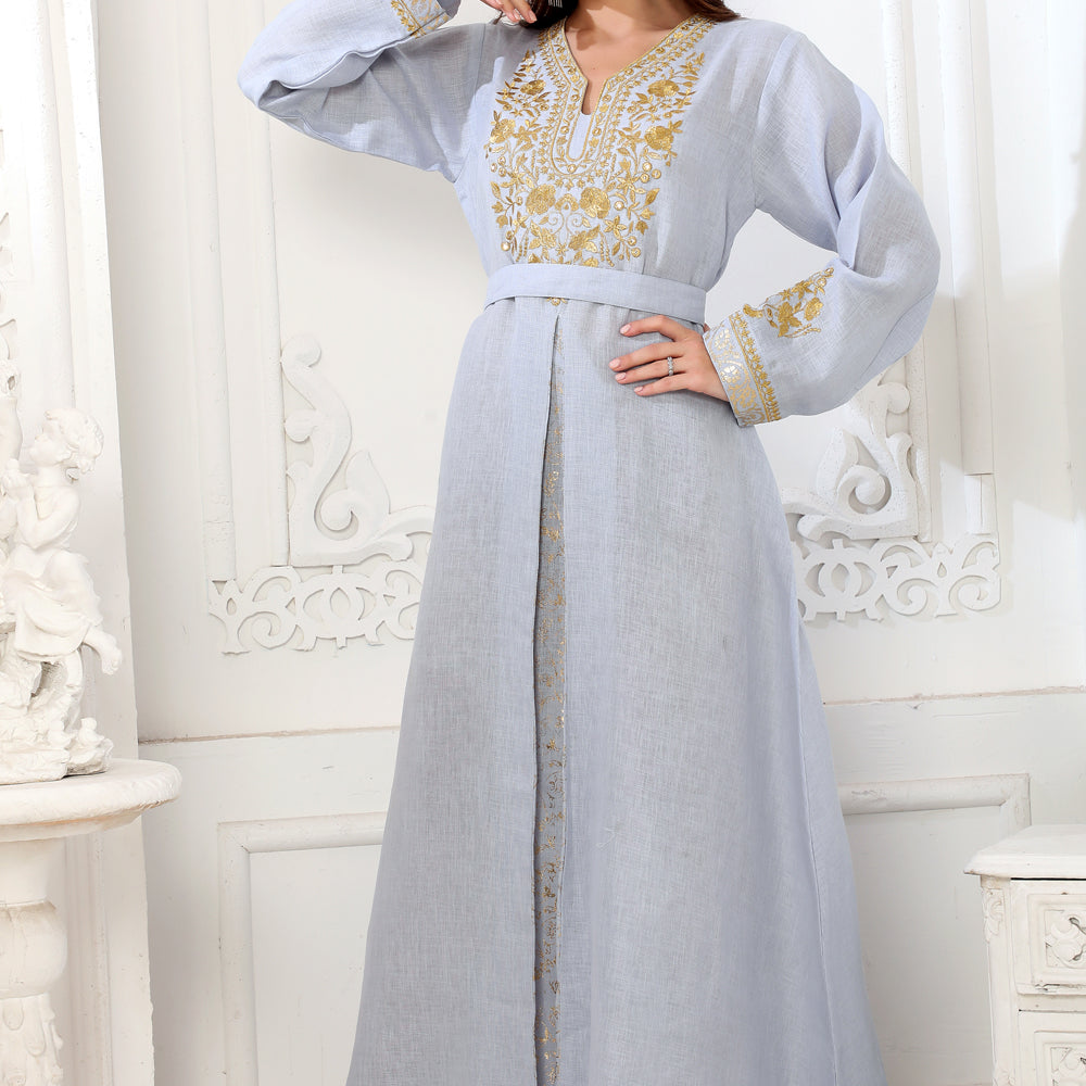 
                  
                    Royal Sky Blue Jalabiya with Gold Zari Thread-Embroidery Kaftan
                  
                