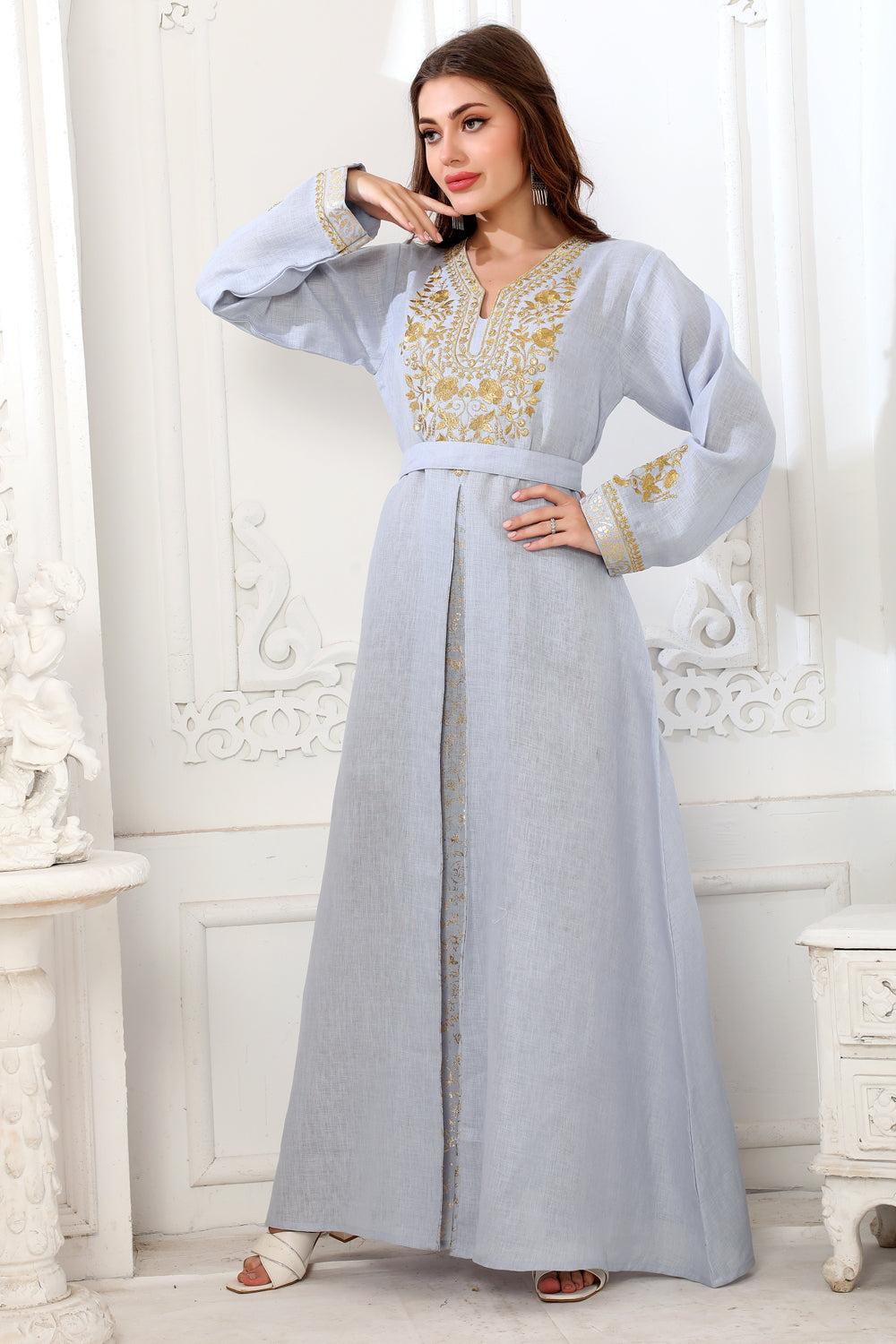 Royal Sky Blue Jalabiya with Gold Zari Thread-Embroidery Kaftan