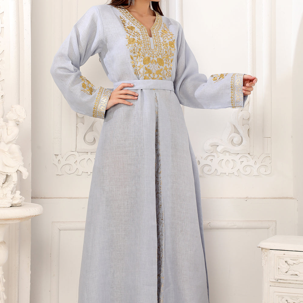 
                  
                    Royal Sky Blue Jalabiya with Gold Zari Thread-Embroidery Kaftan
                  
                