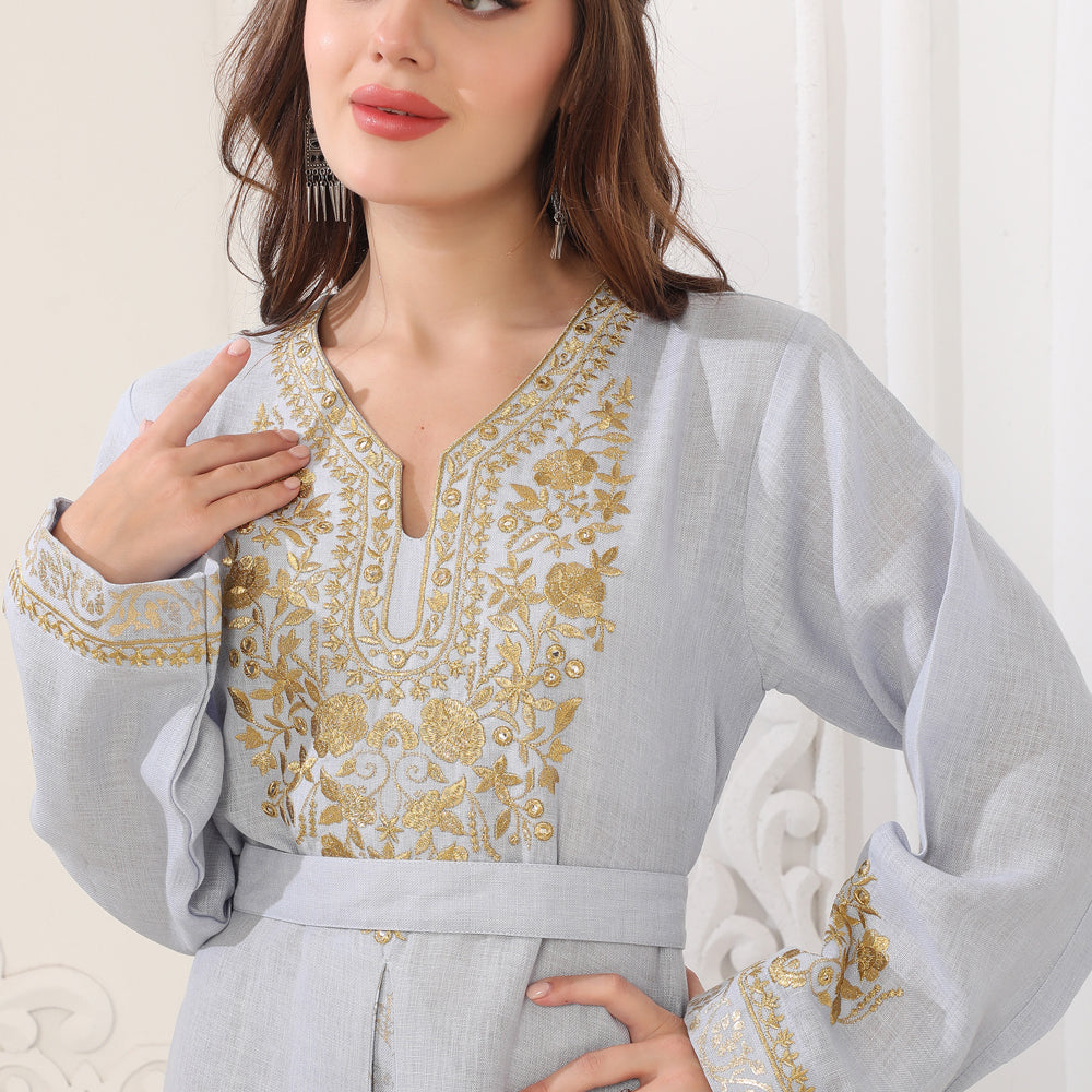 
                  
                    Royal Sky Blue Jalabiya with Gold Zari Thread-Embroidery Kaftan
                  
                