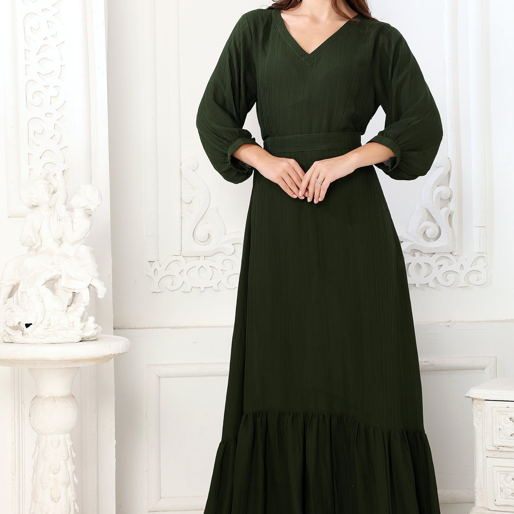 Classic Partywear Dark Green Dress with Bottom Frills