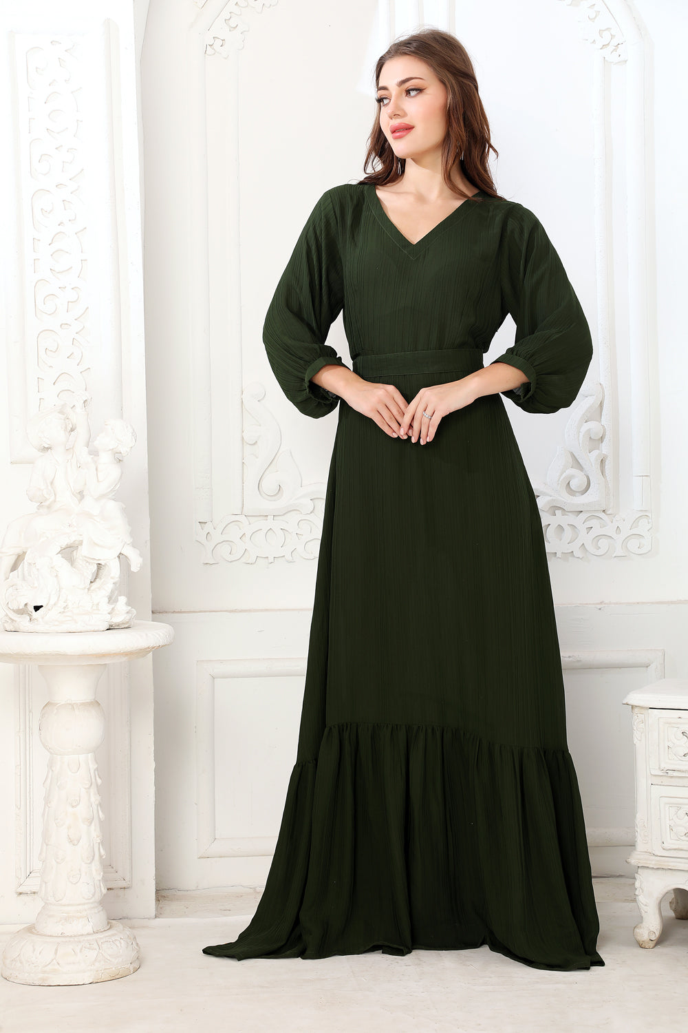 Classic Partywear Dark Green Dress with Bottom Frills