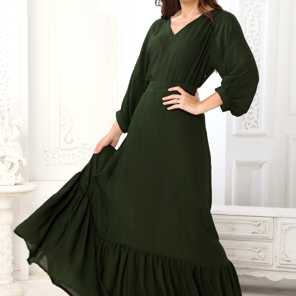 
                  
                    Classic Partywear Dark Green Dress with Bottom Frills
                  
                