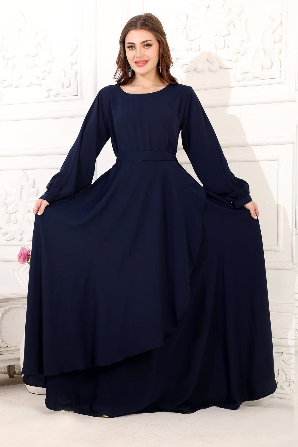 Partywear Dress with Big Flair in Dark Blue