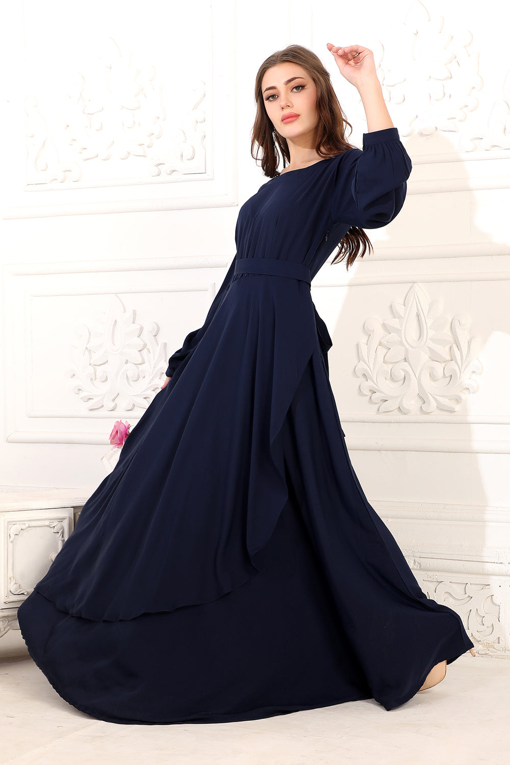 Partywear Dress with Big Flair in Dark Blue