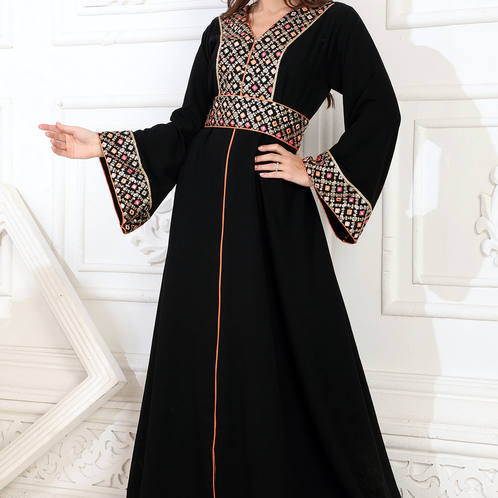 
                  
                    Intricate Embroidery V Neck Jalabiya Dress with Shining Foil Finish
                  
                