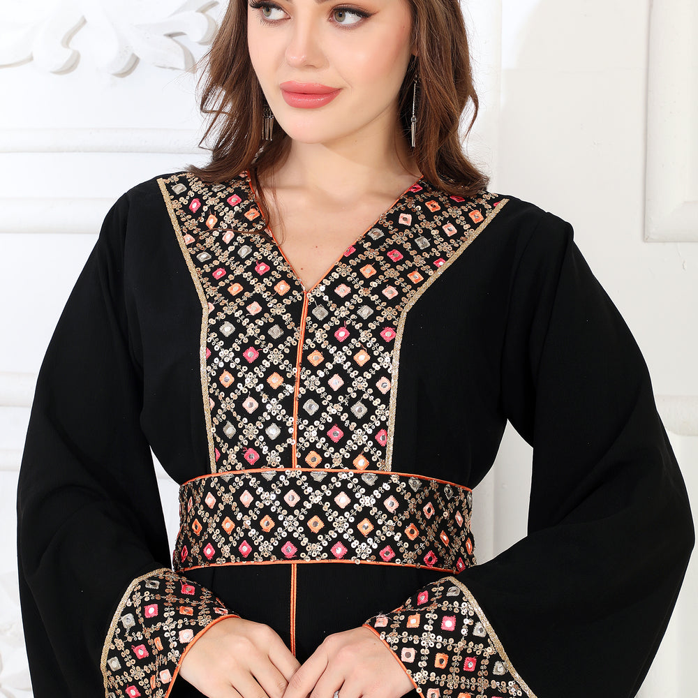 
                  
                    Intricate Embroidery V Neck Jalabiya Dress with Shining Foil Finish
                  
                