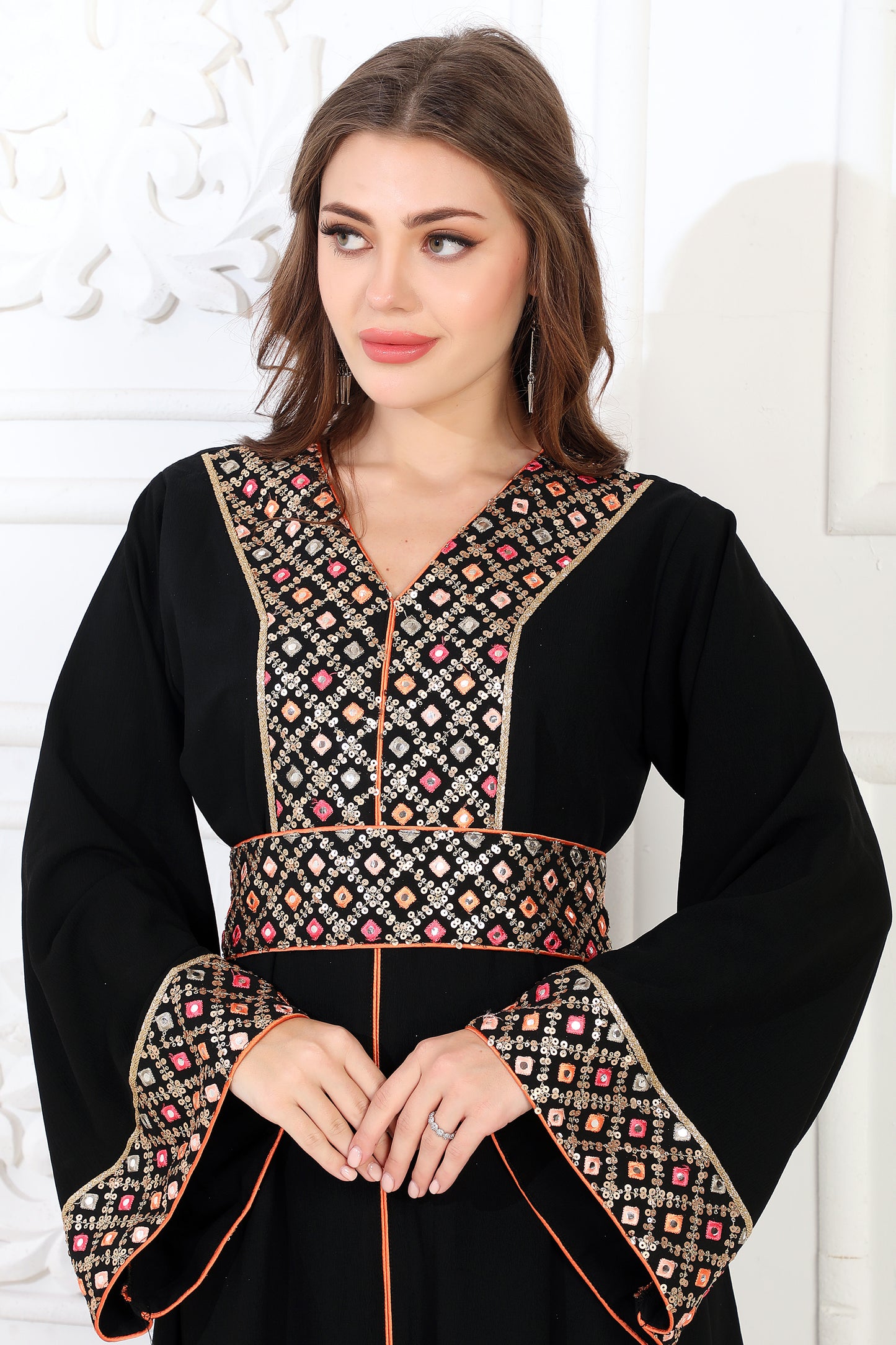 Intricate Embroidery V Neck Jalabiya Dress with Shining Foil Finish