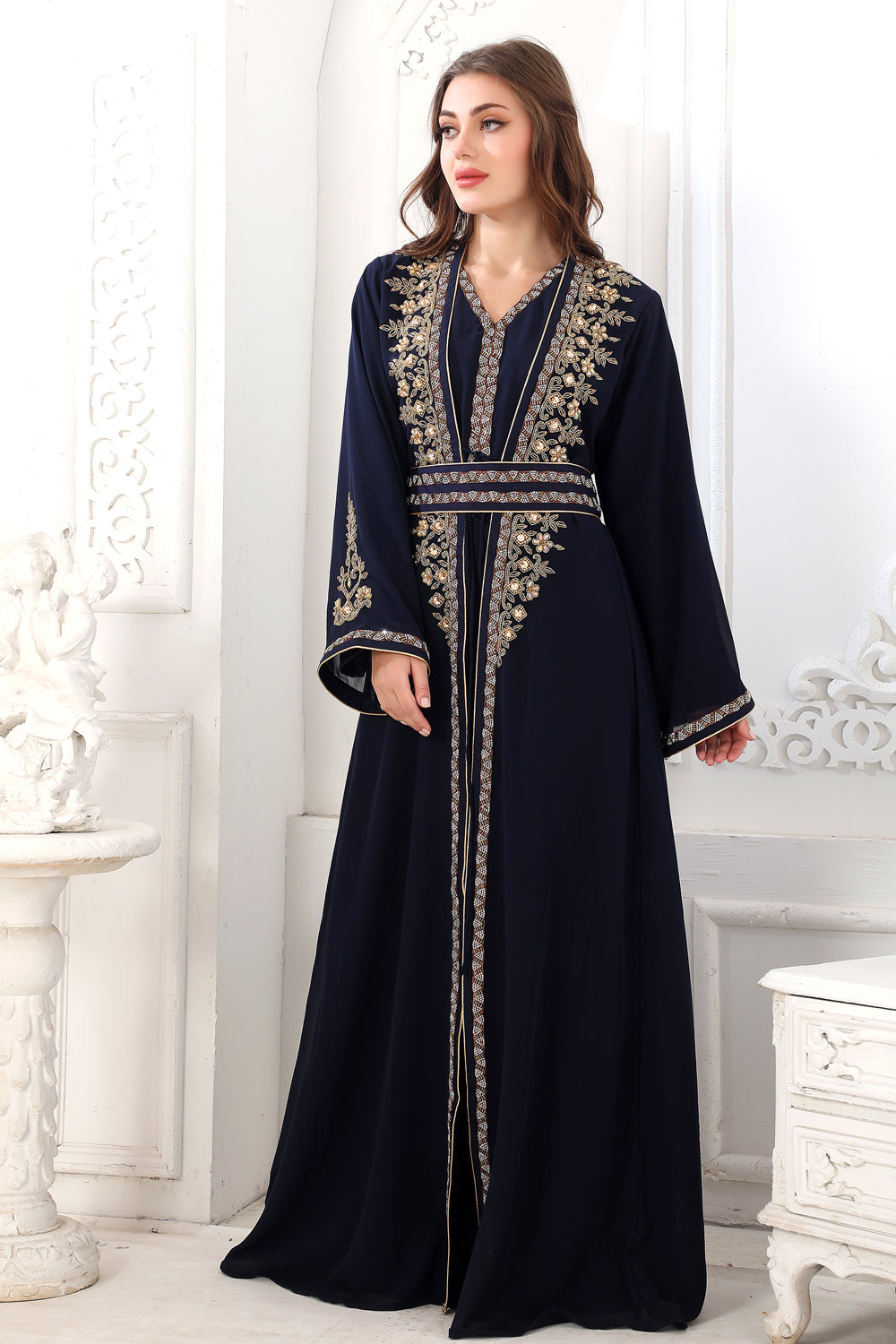 Takchita Jalabiya Kaftan With Crystal Gold-Silver Embroidery