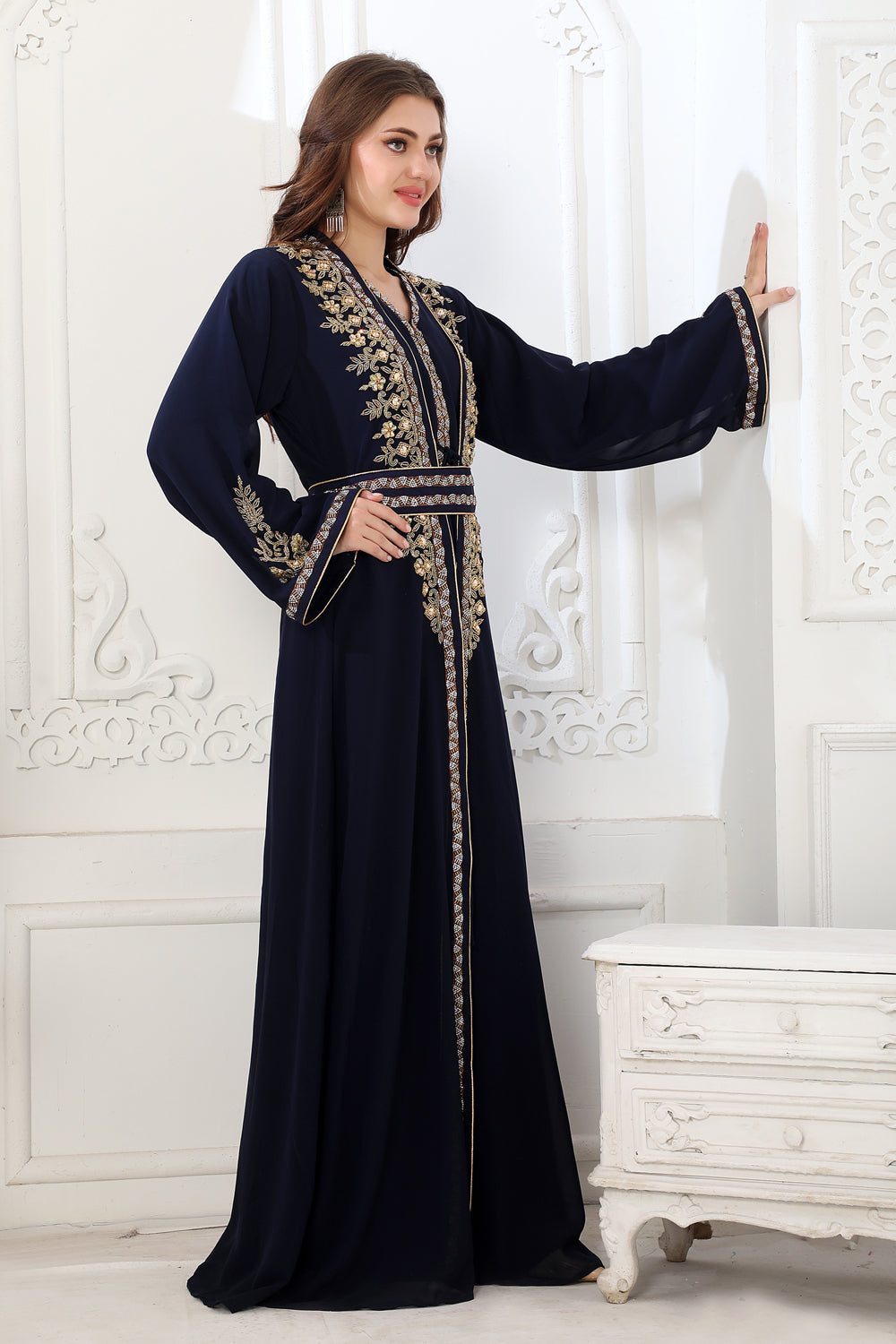 Takchita Jalabiya Kaftan With Crystal Gold-Silver Embroidery