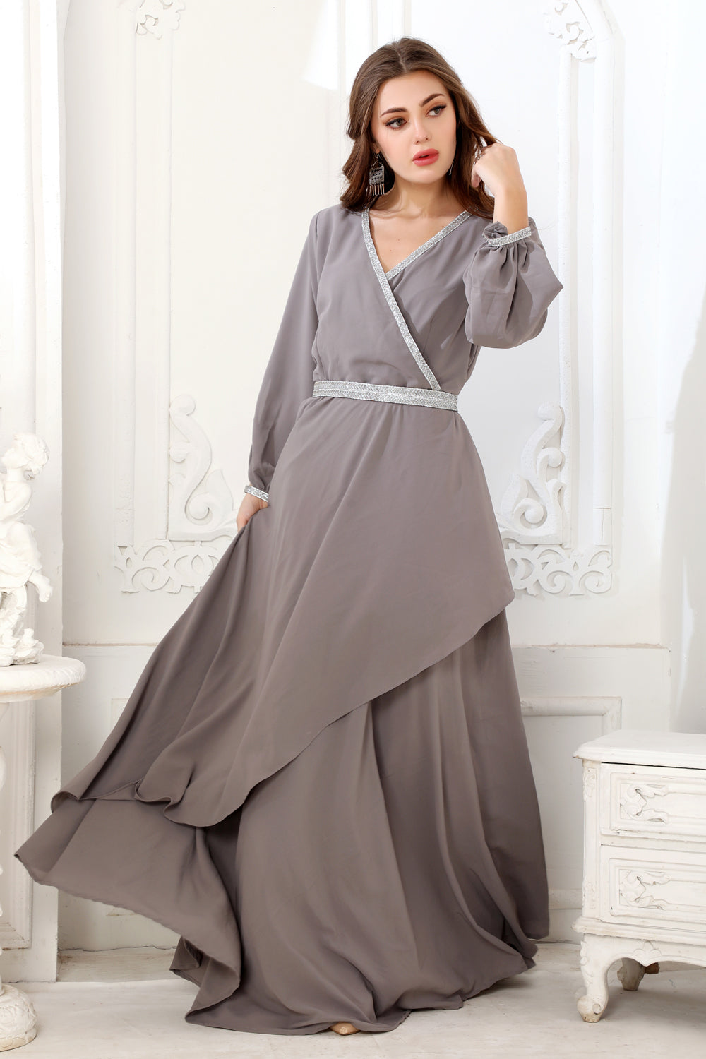 Minimalistic Designer Abaya in Grey Kaftan Dress