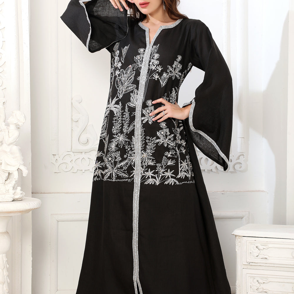 
                  
                    Black A Line Floral Dubai Style Kaftan with Block Print
                  
                