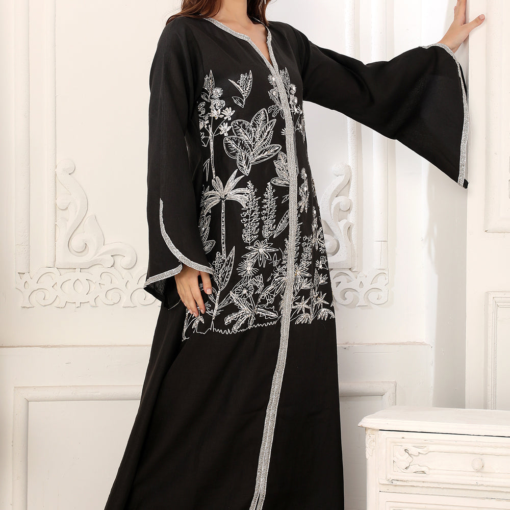 Black A Line Floral Dubai Style Kaftan with Block Print