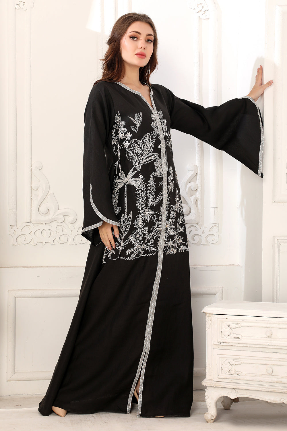 Black A Line Floral Dubai Style Kaftan with Block Print