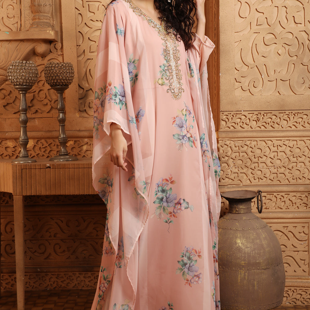 
                  
                    Peach Digital Print Kaftan Henna Party Dress with Crystals
                  
                