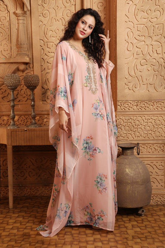 Peach Digital Print Kaftan Henna Party Dress with Crystals