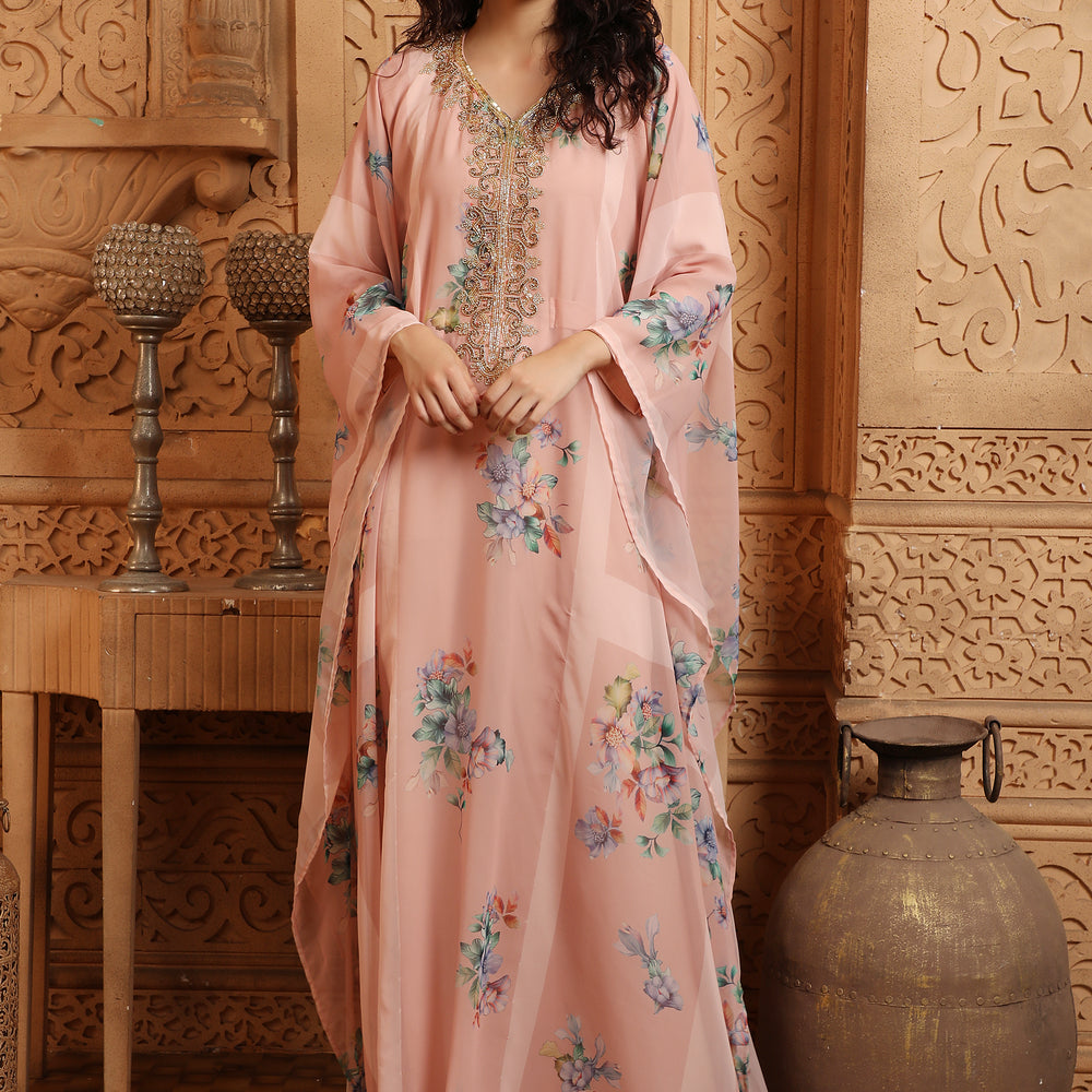 
                  
                    Peach Digital Print Kaftan Henna Party Dress with Crystals
                  
                