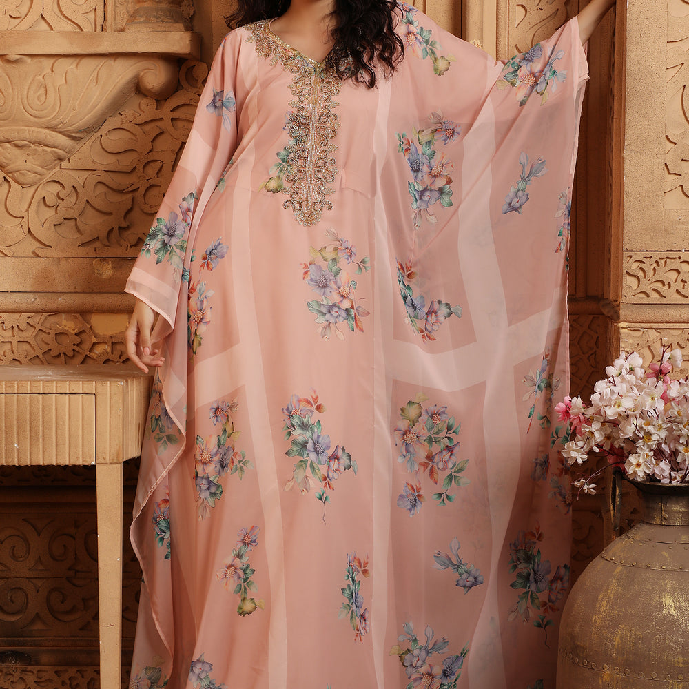 
                  
                    Peach Digital Print Kaftan Henna Party Dress with Crystals
                  
                