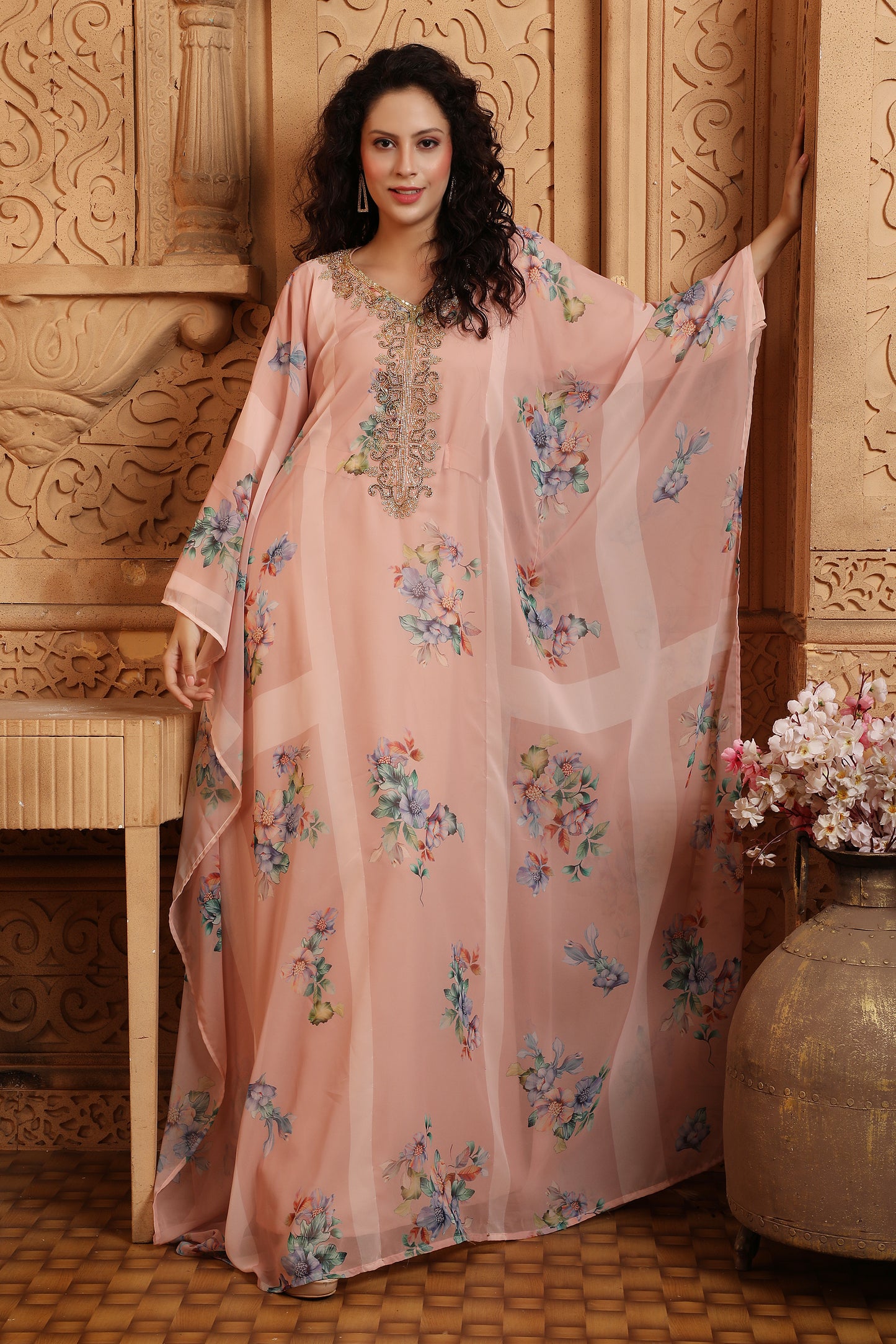 Peach Digital Print Kaftan Henna Party Dress with Crystals