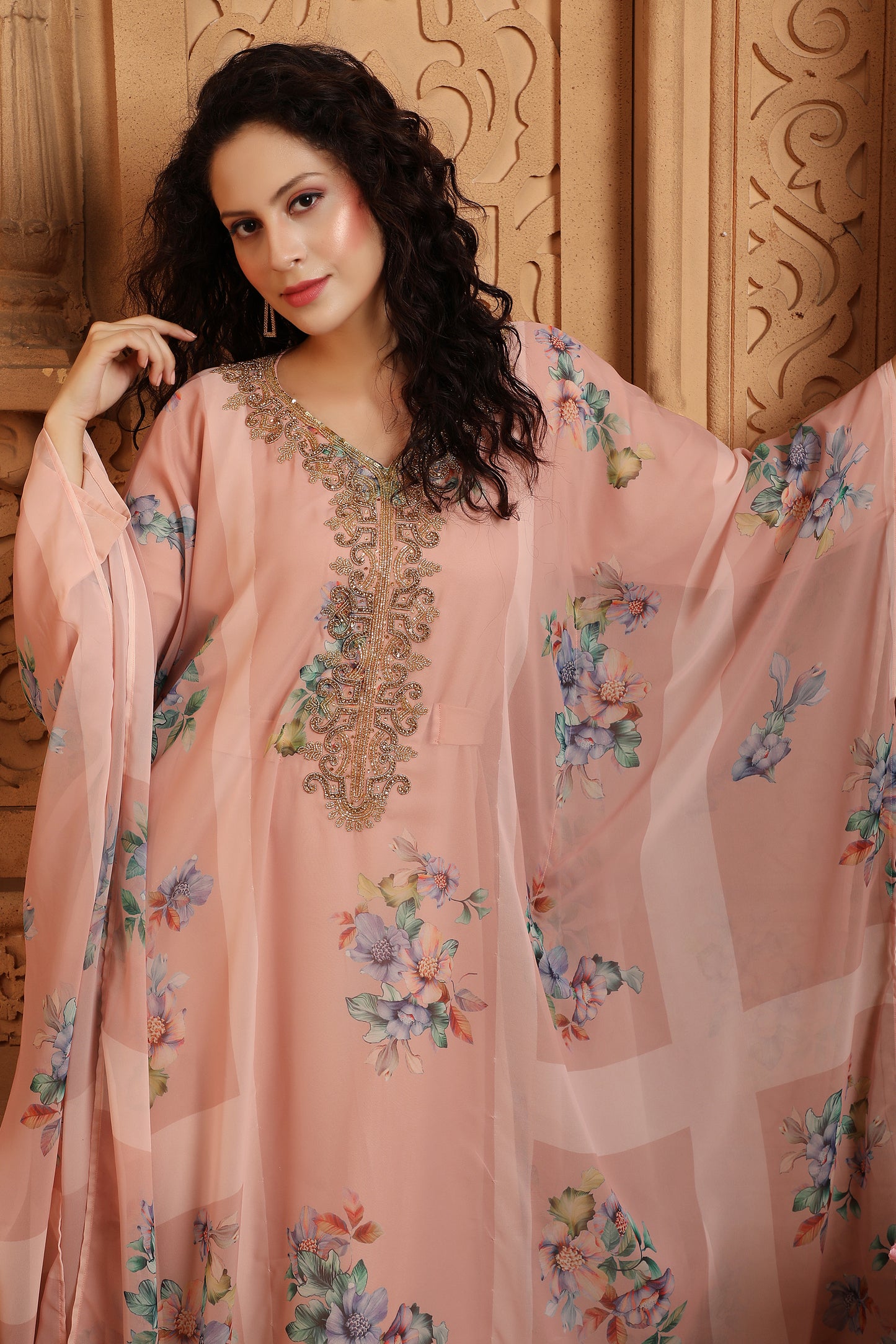 Peach Digital Print Kaftan Henna Party Dress with Crystals