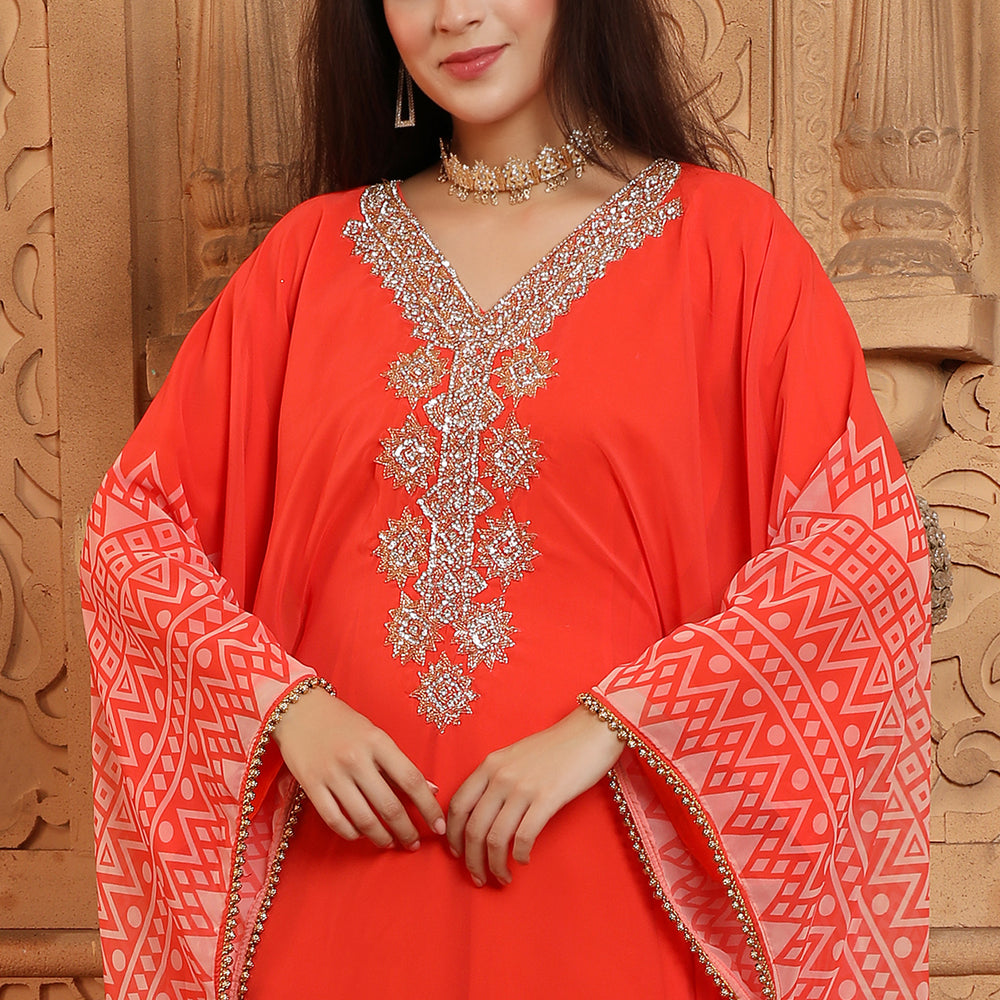 
                  
                    Hand Embroidered Georgette Prinited Farasha Kaftan in Red
                  
                