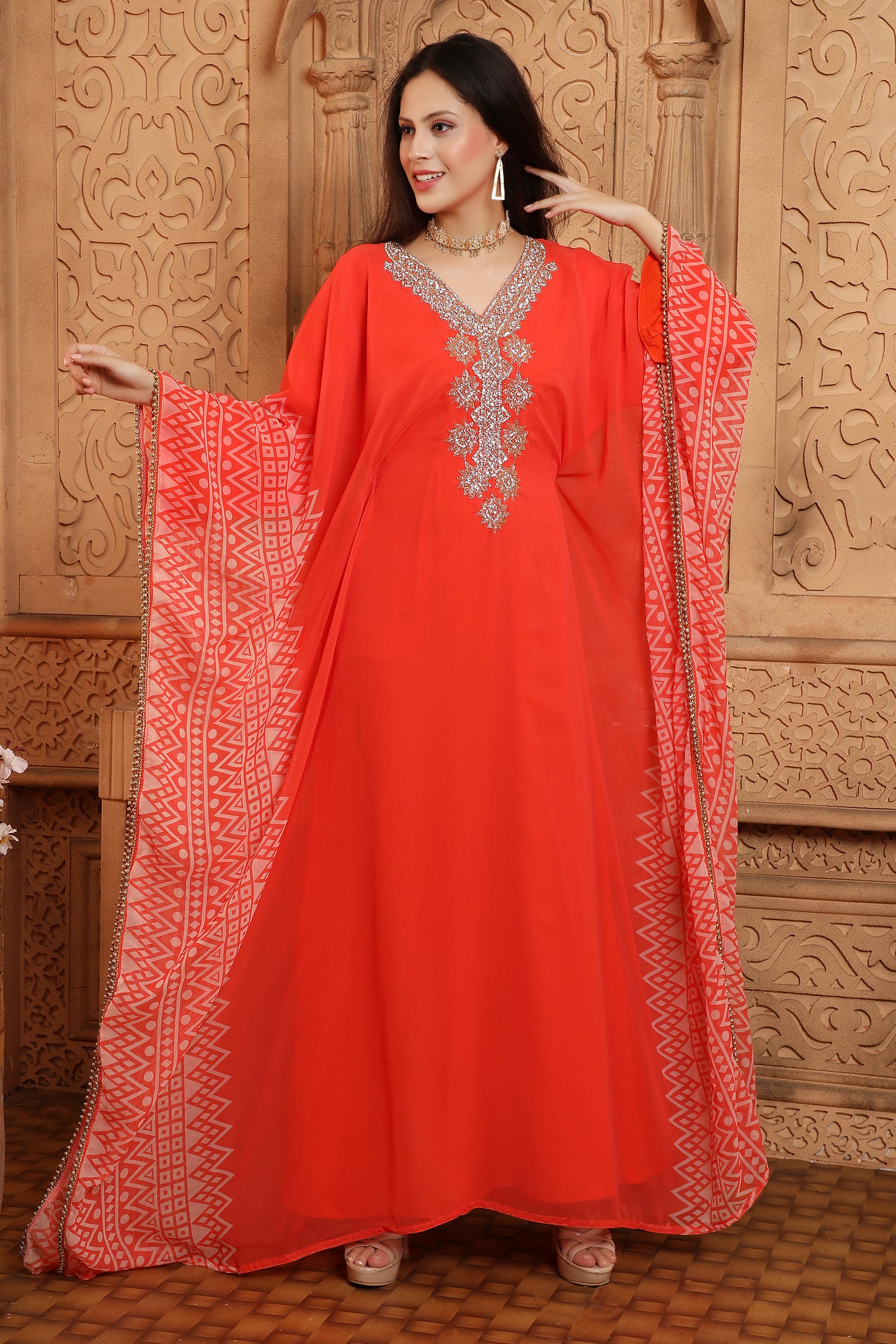 Hand Embroidered Georgette Prinited Farasha Kaftan in Red