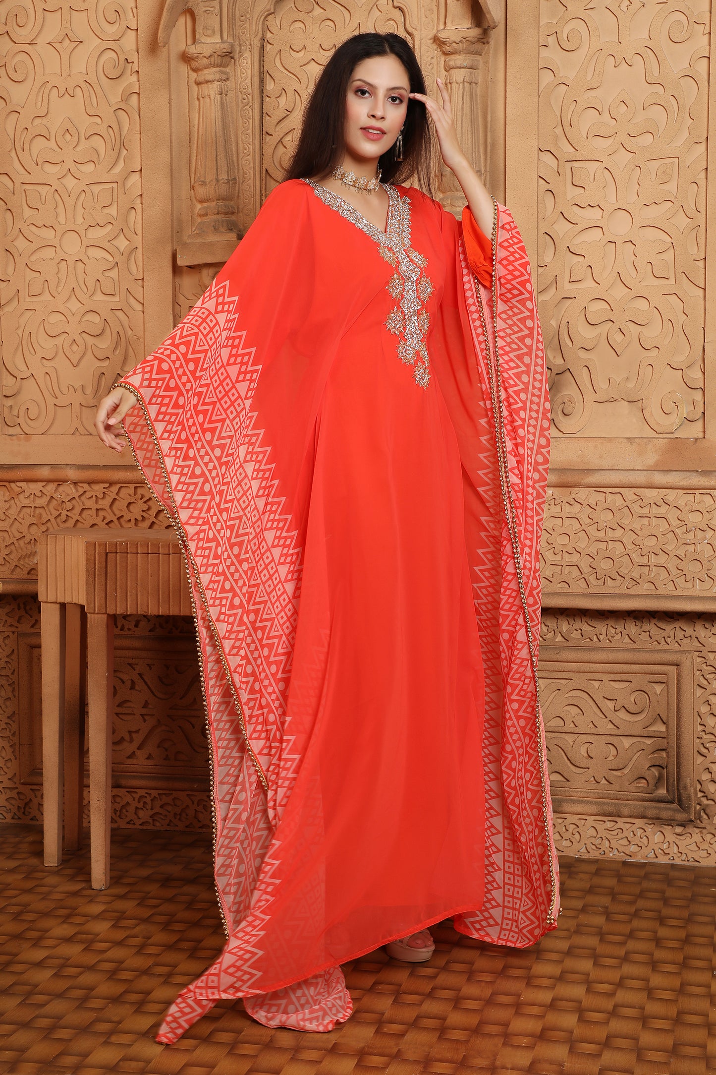 Hand Embroidered Georgette Prinited Farasha Kaftan in Red