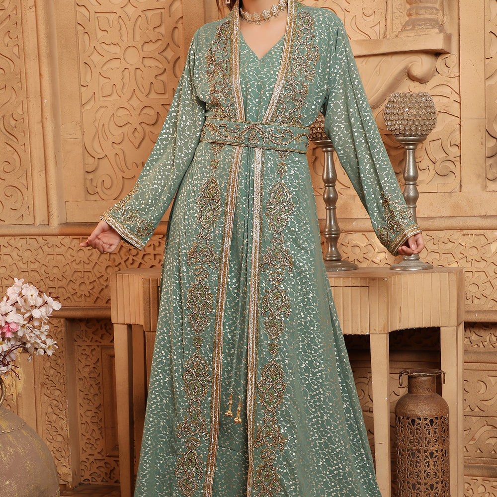 Women's Ethnic Embroidery Abaya Light Green Dress