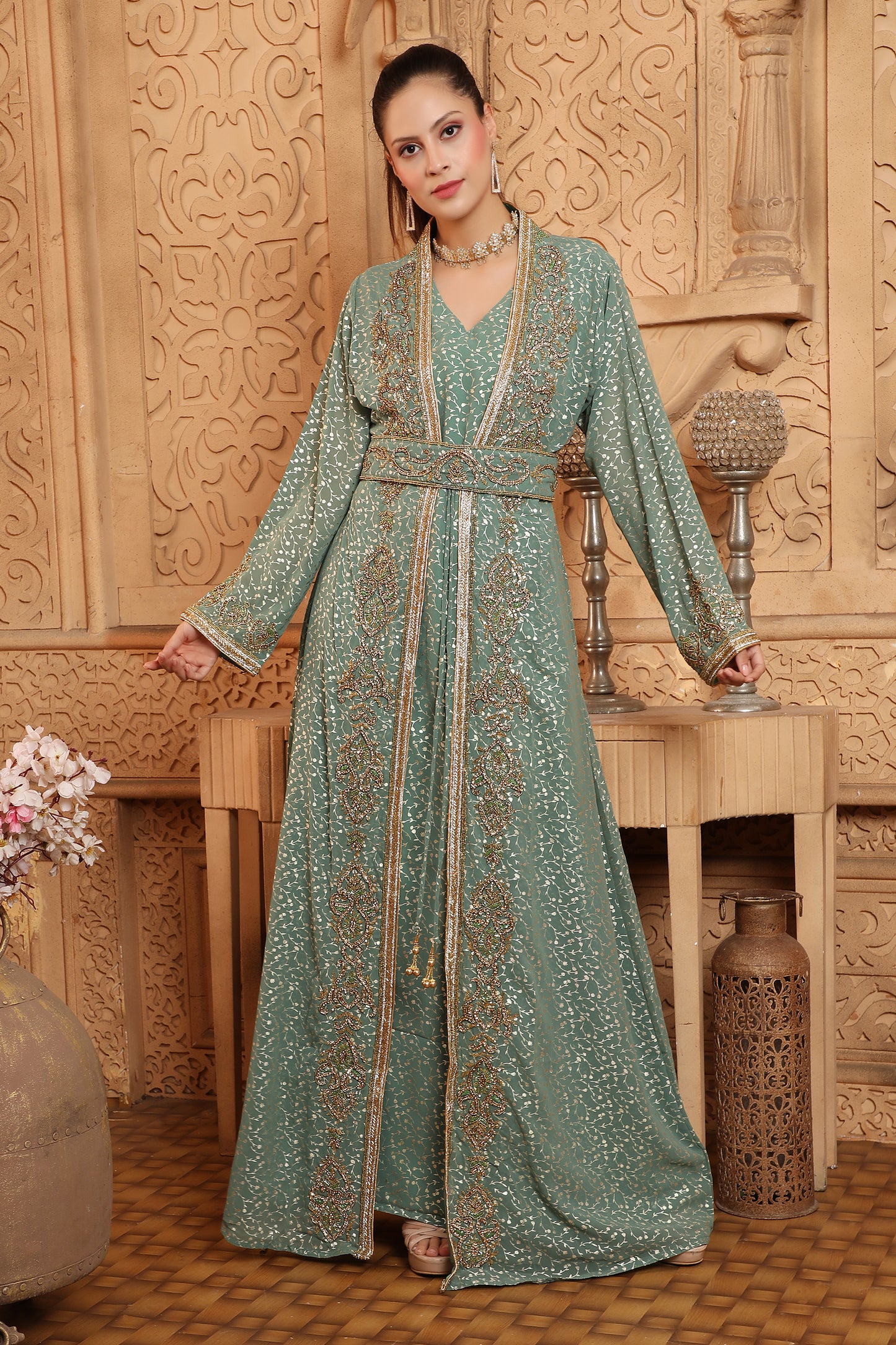 Women's Ethnic Embroidery Abaya Light Green Dress