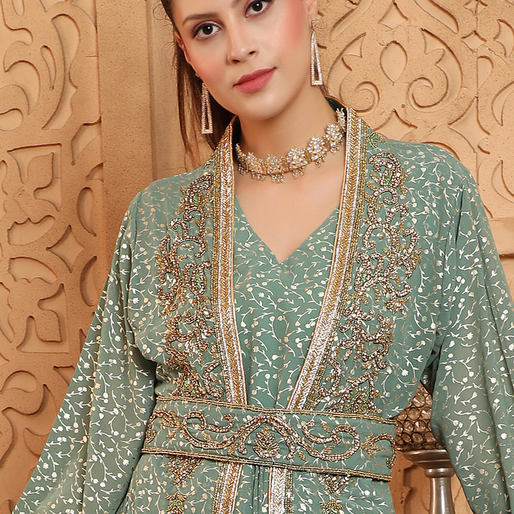 Women's Ethnic Embroidery Abaya Light Green Dress