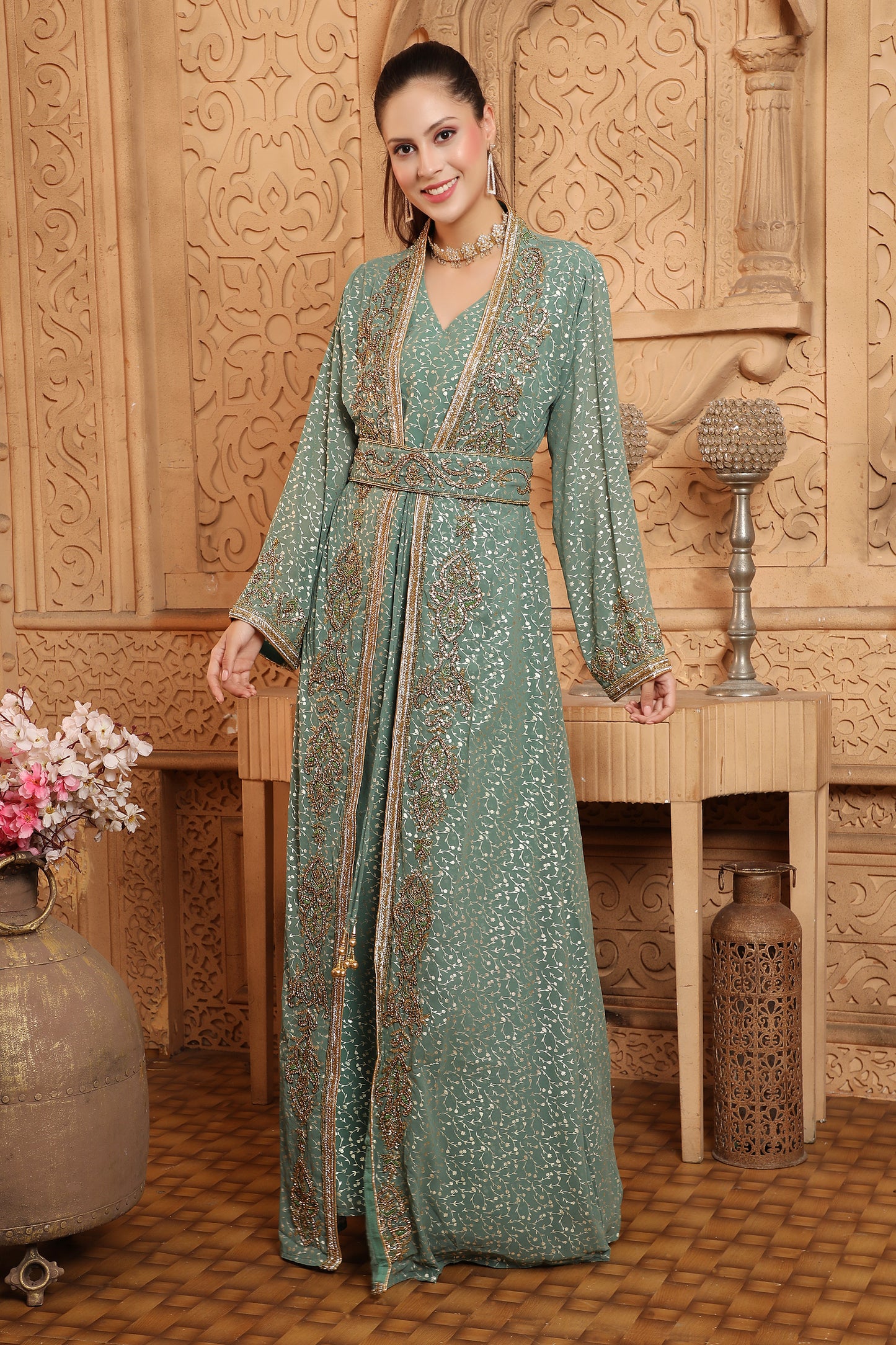 Women's Ethnic Embroidery Abaya Light Green Dress