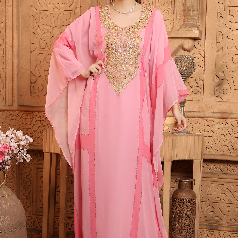 
                  
                    Peach Moroccan Islamic Dubai Kaftan Farasha Zari And Stone Work Dress
                  
                