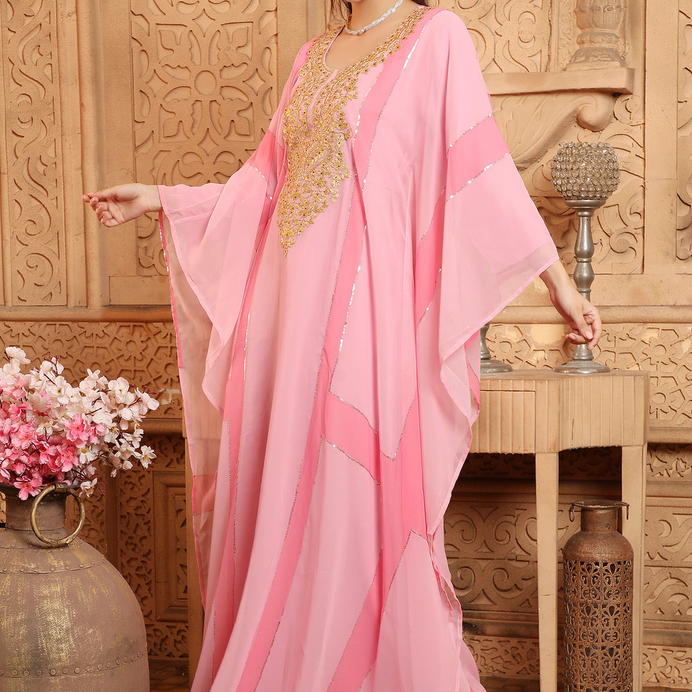 
                  
                    Peach Moroccan Islamic Dubai Kaftan Farasha Zari And Stone Work Dress
                  
                