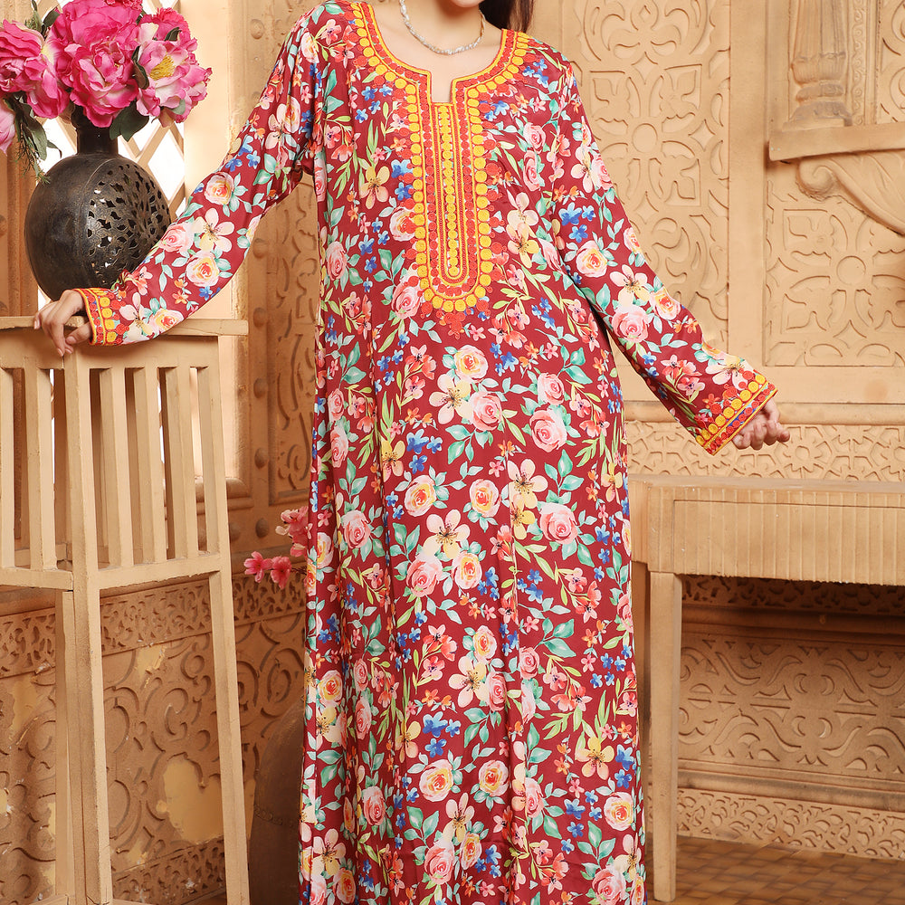 
                  
                    Ramadan Vestidos Ethnic Floral Print Kaftan Islamic Gown
                  
                