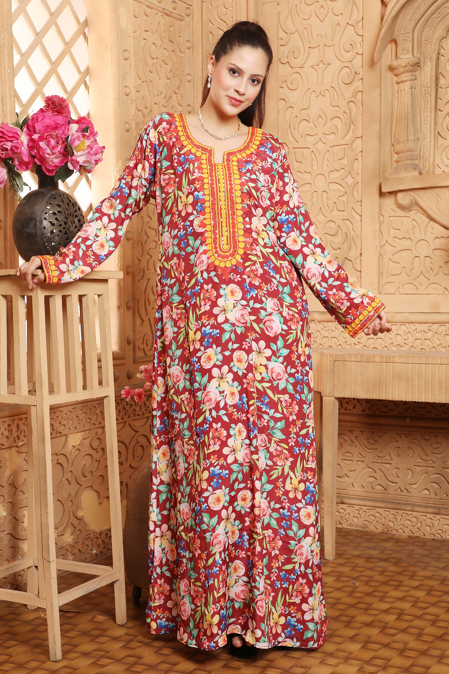 Ramadan Vestidos Ethnic Floral Print Kaftan Islamic Gown