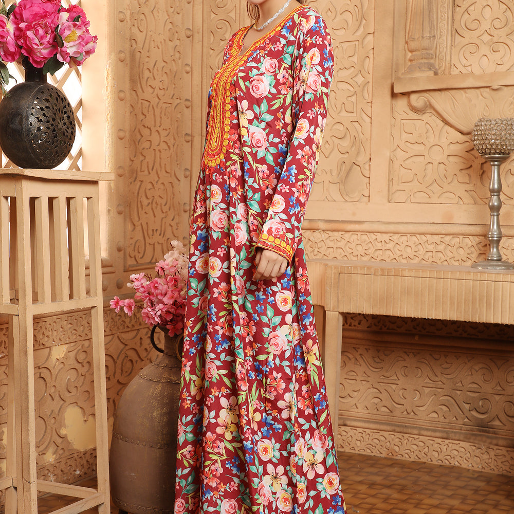 
                  
                    Ramadan Vestidos Ethnic Floral Print Kaftan Islamic Gown
                  
                