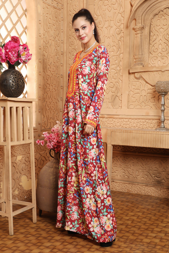 Ramadan Vestidos Ethnic Floral Print Kaftan Islamic Gown