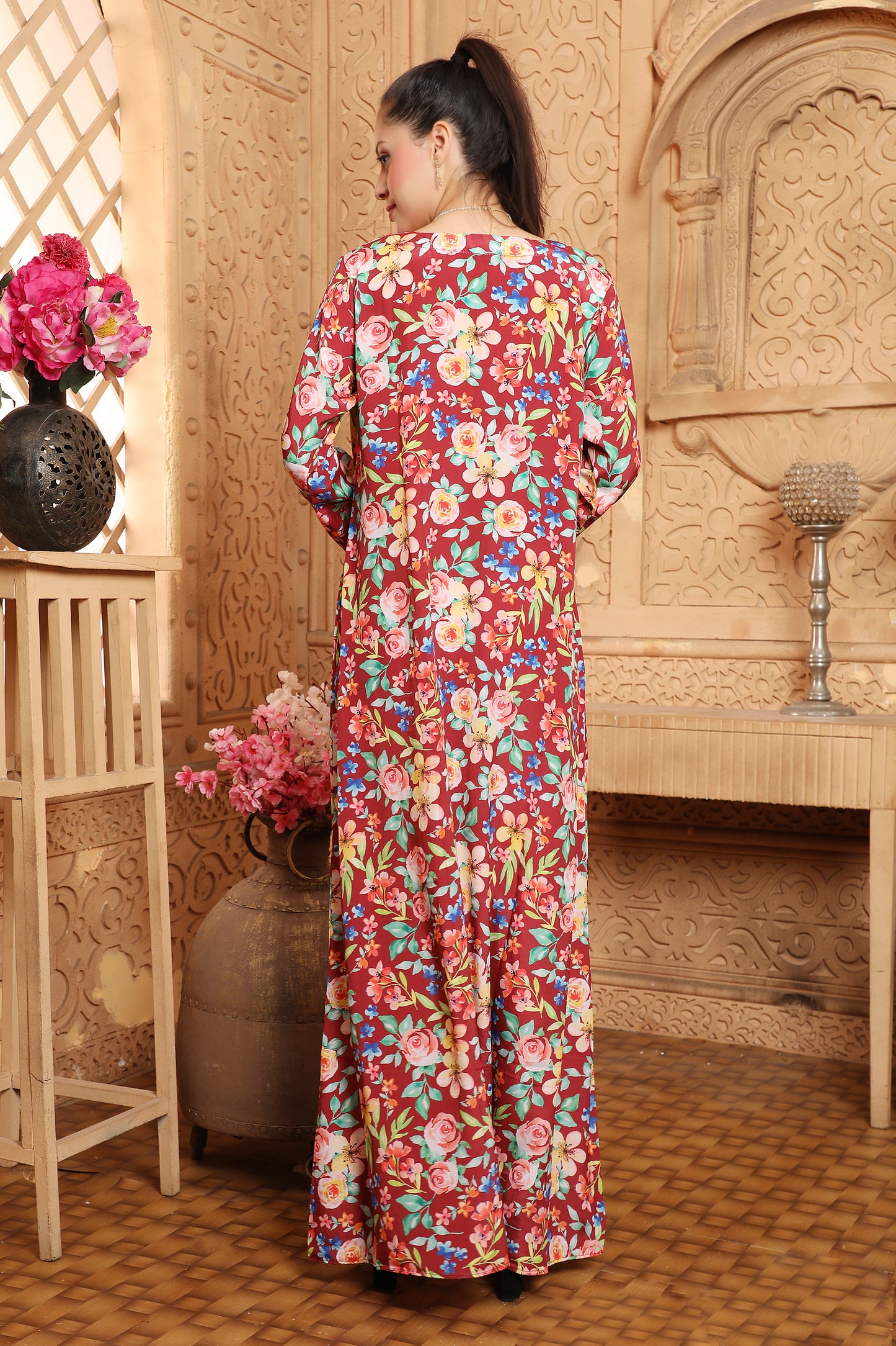 Ramadan Vestidos Ethnic Floral Print Kaftan Islamic Gown