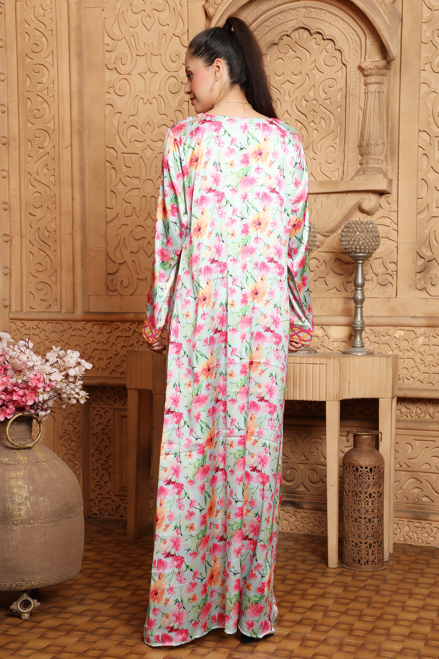 Floral Printed Jalabiya with Dori Threadwork Embroidery