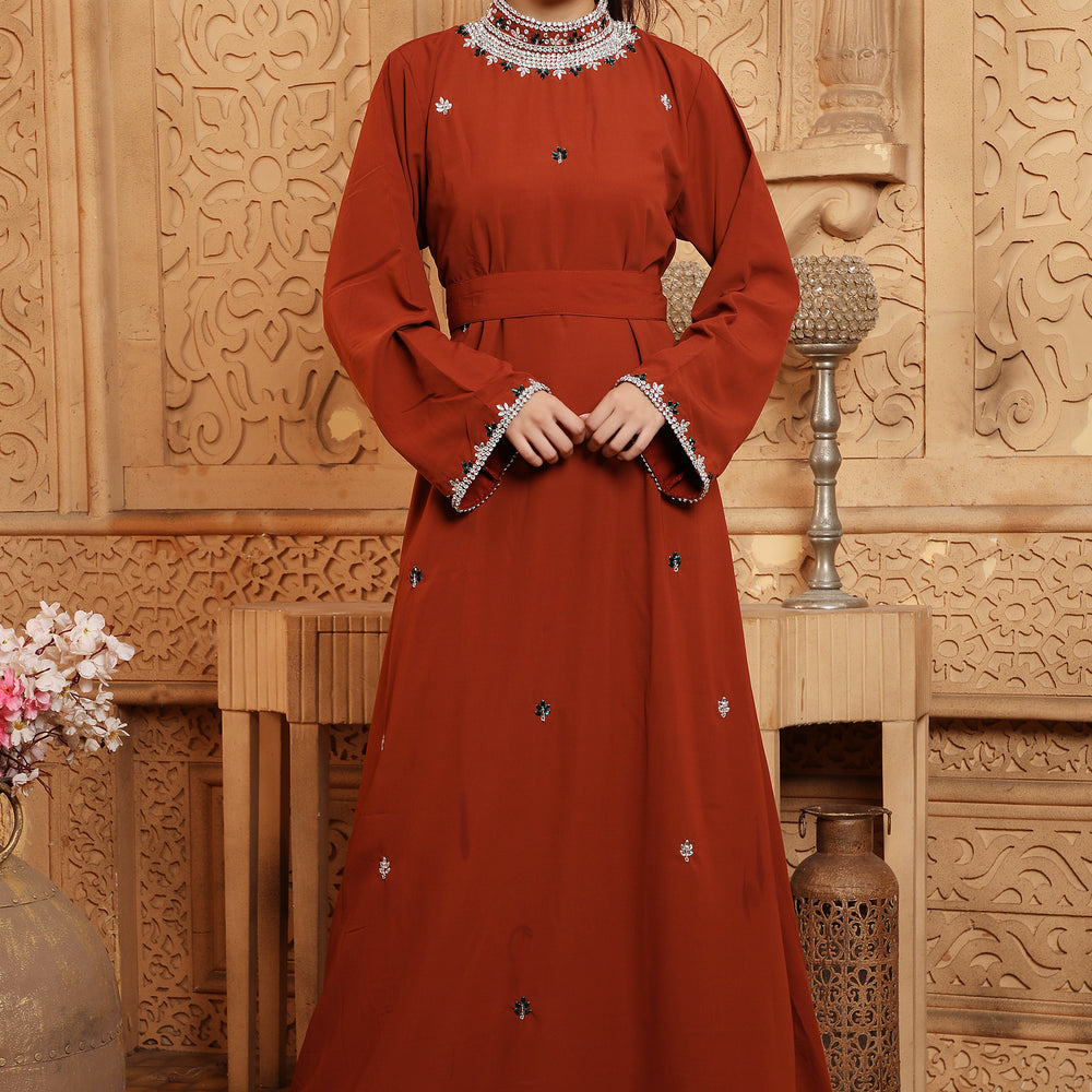 
                  
                    Eid Mubarak Maghribi Caftan Maroon Wedding Gown
                  
                